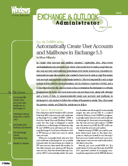 Title details for August 2003--Windows Exchange & Outlook Administrator by Tony Redmond - Available